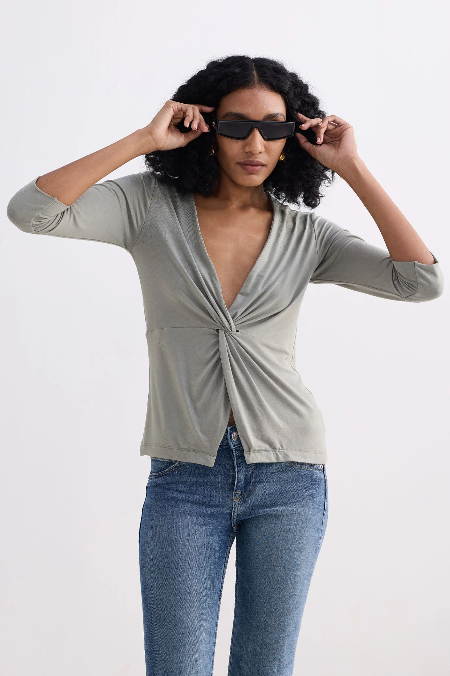 Twist Front Knit Shirt in Light Olive - Image 14