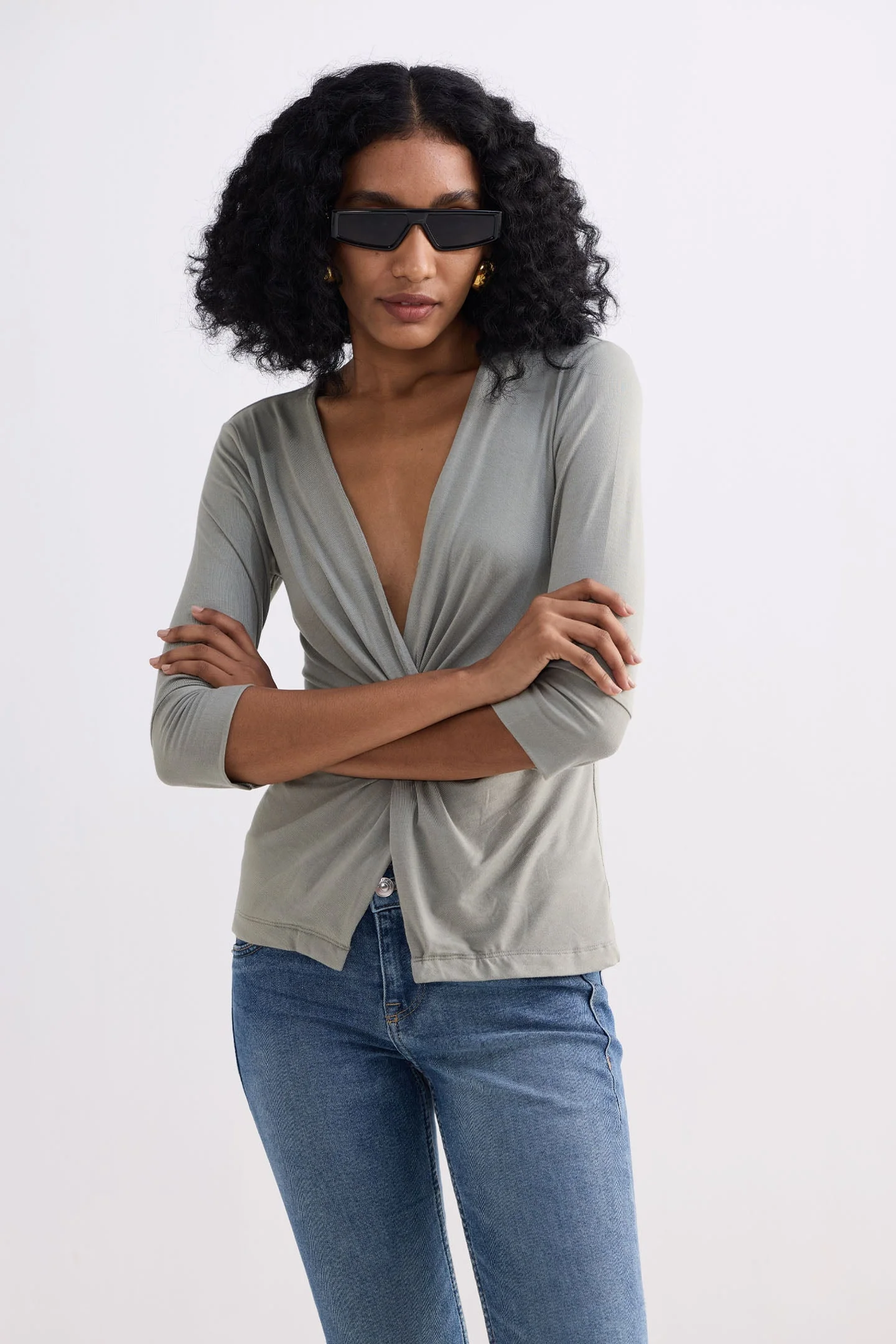 Twist Front Knit Shirt in Light Olive - Image 15