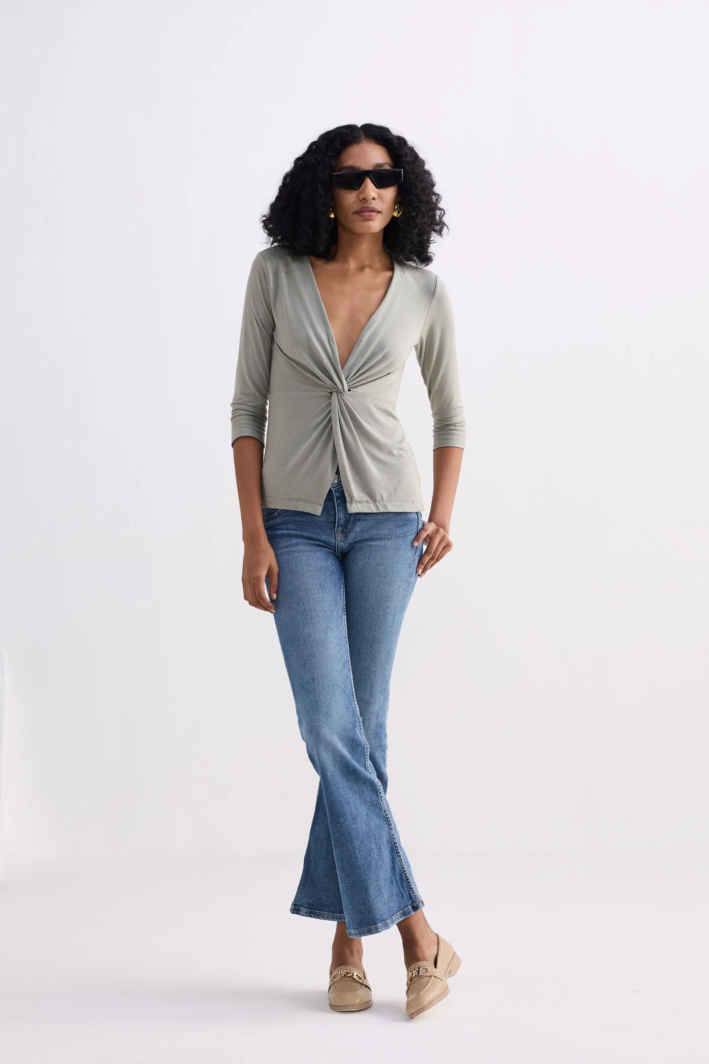 Twist Front Knit Shirt in Light Olive - Image 4