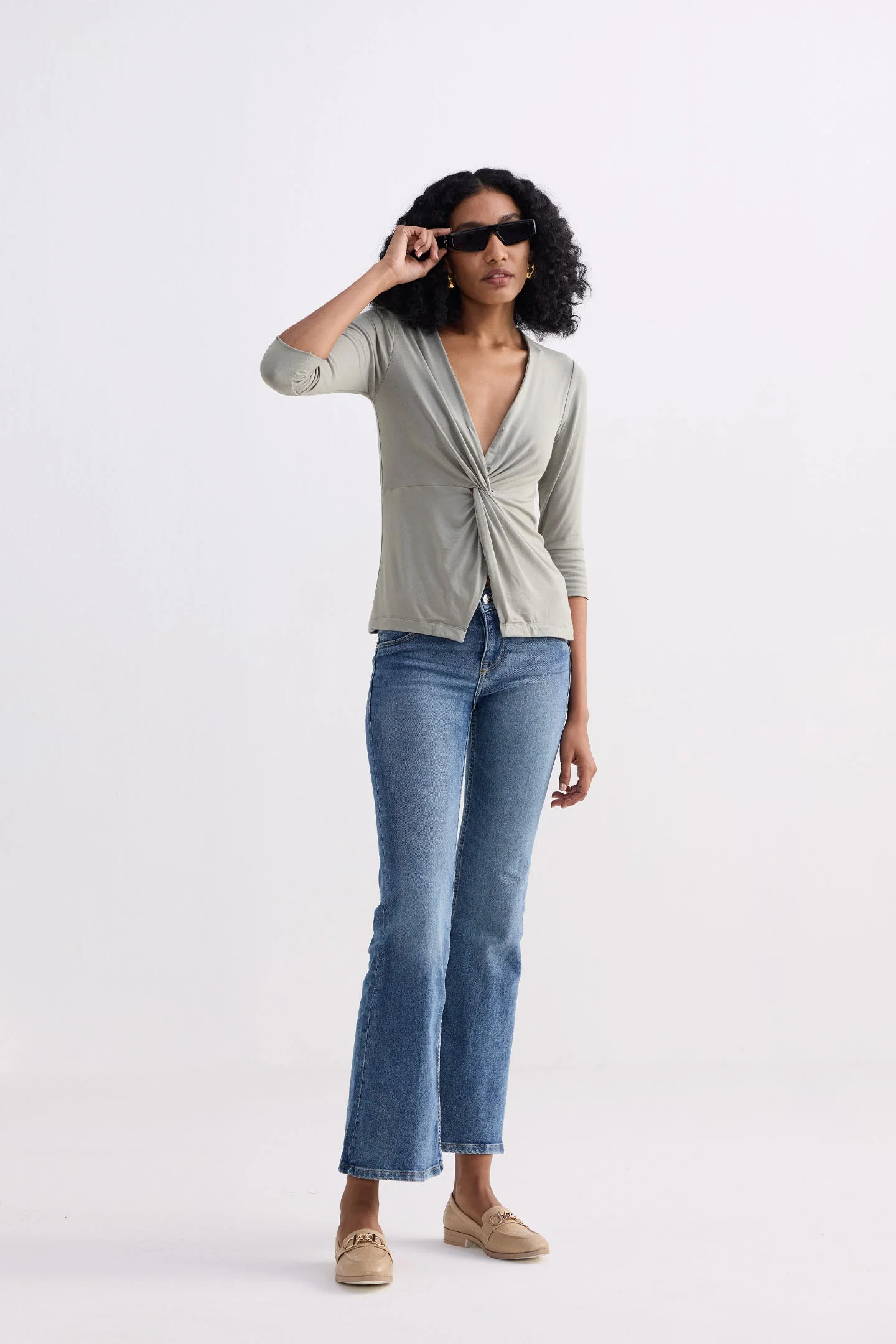 Twist Front Knit Shirt in Light Olive - Image 5
