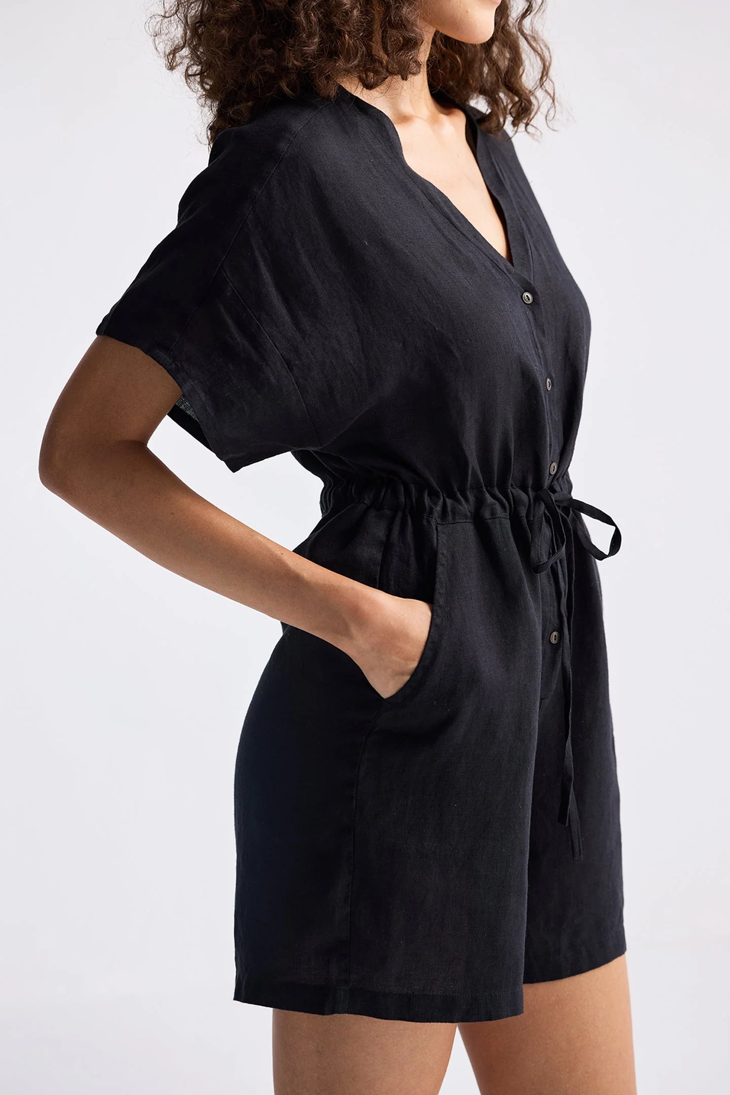 V neck Drawstring Romper in Black - Image 3