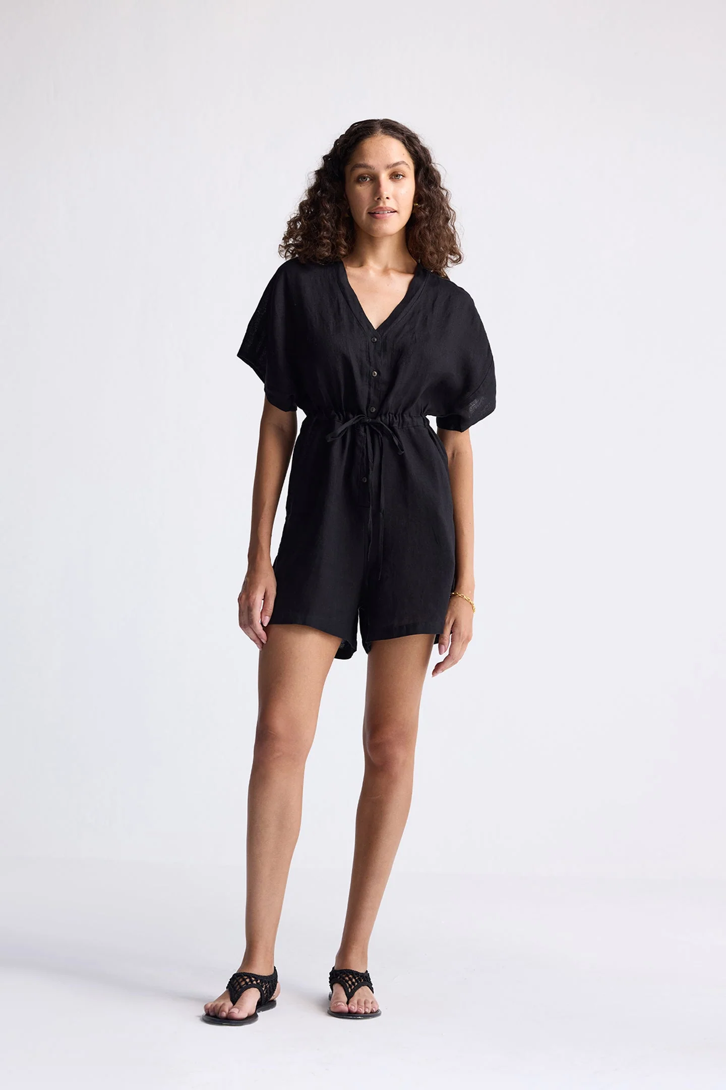 V neck Drawstring Romper in Black - Image 4