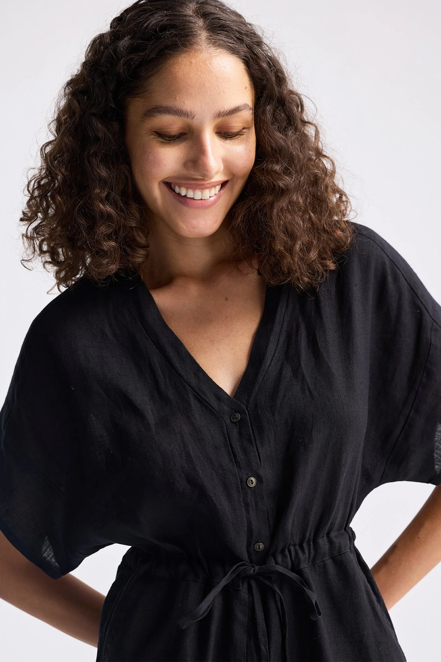V neck Drawstring Romper in Black - Image 5
