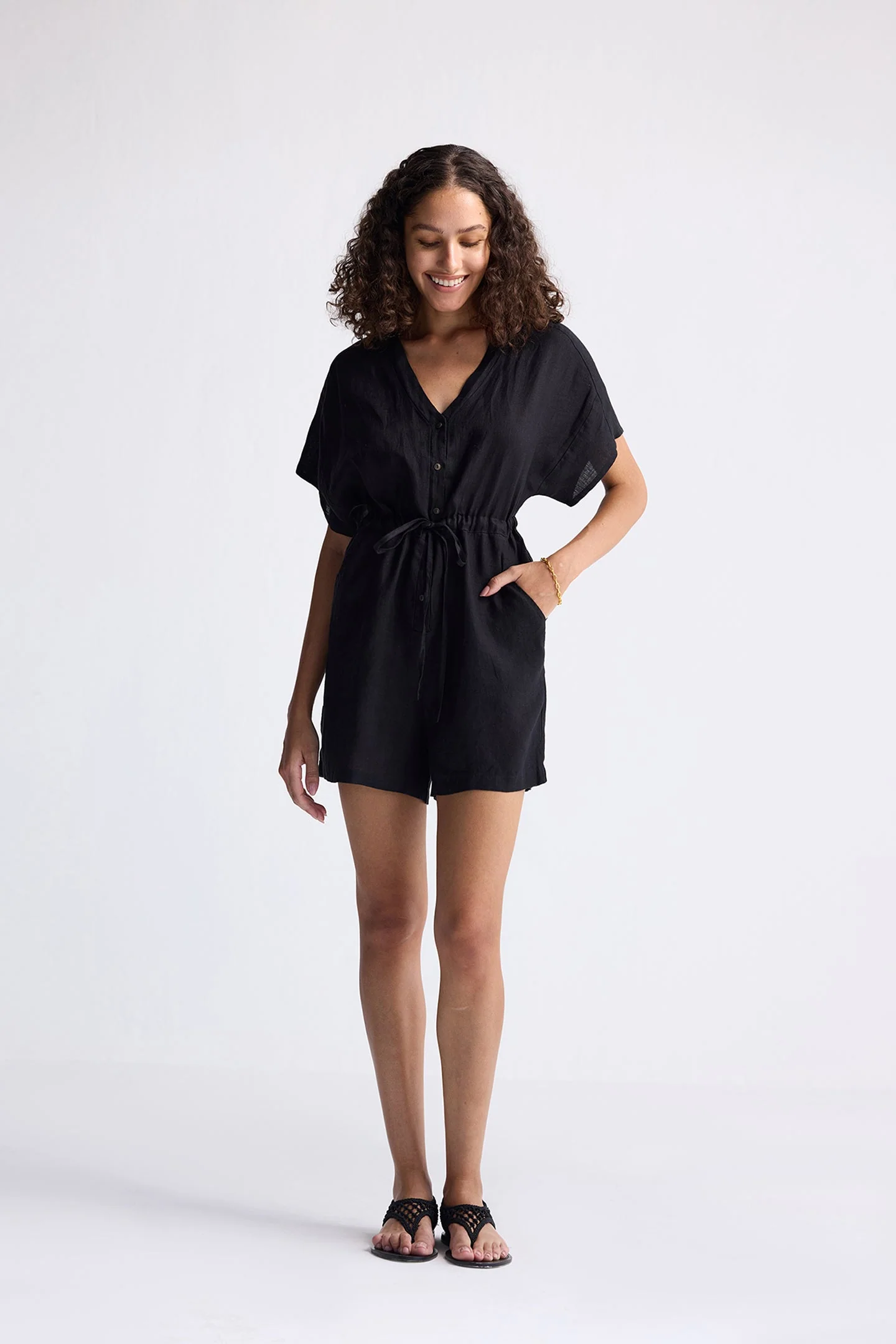 V neck Drawstring Romper in Black - Image 7
