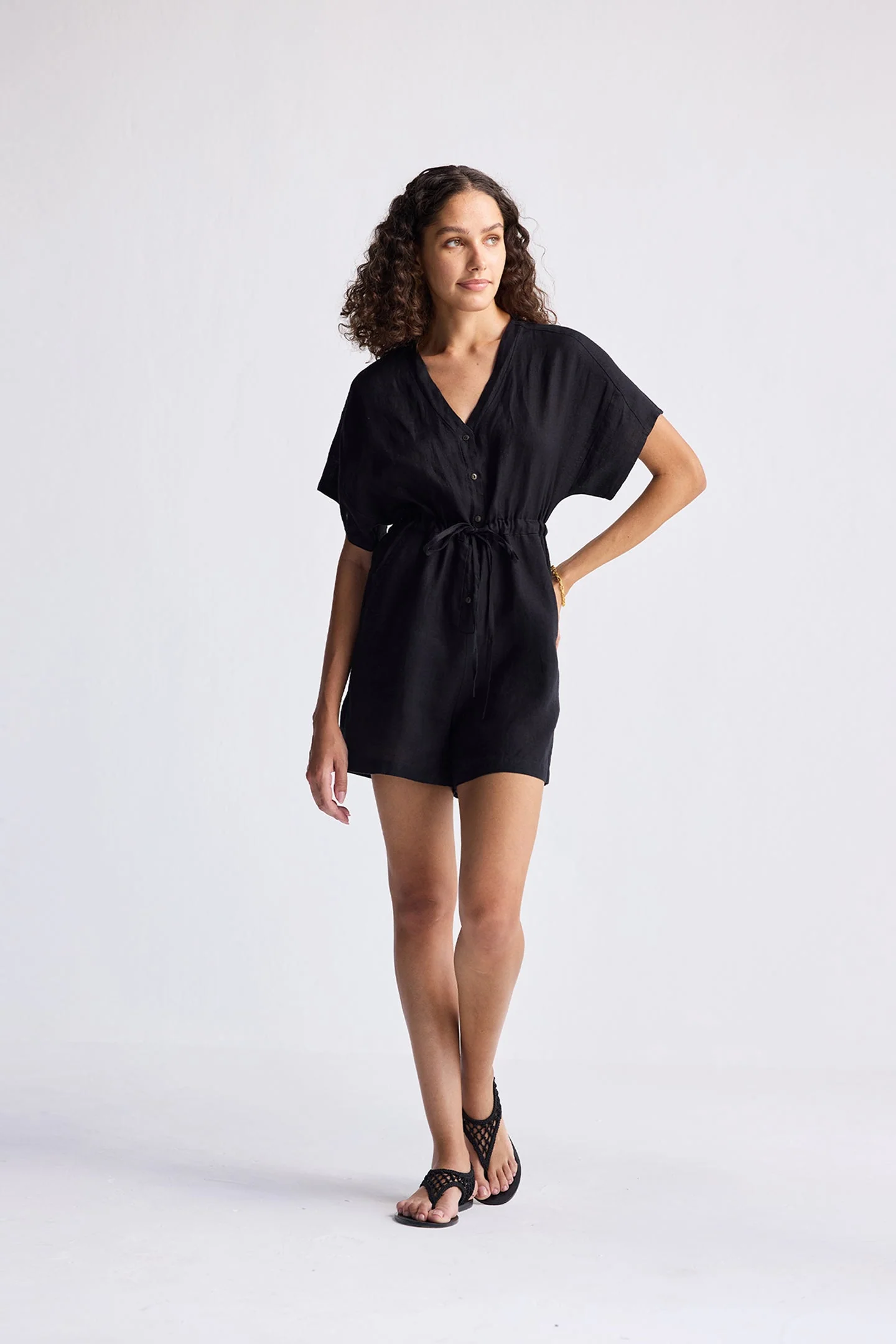 V neck Drawstring Romper in Black - Image 8
