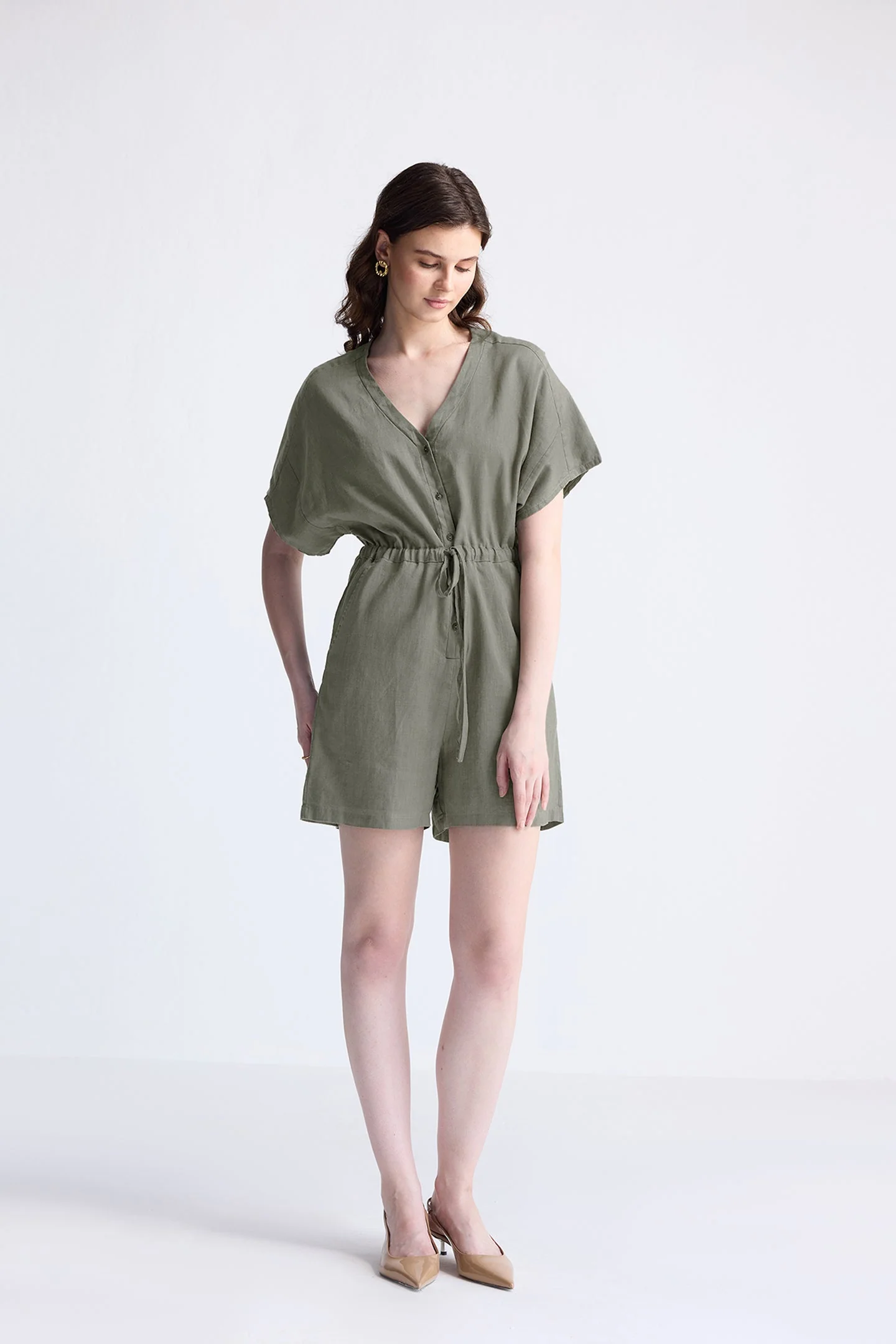 V neck Drawstring Romper in Dark Green - Image 3