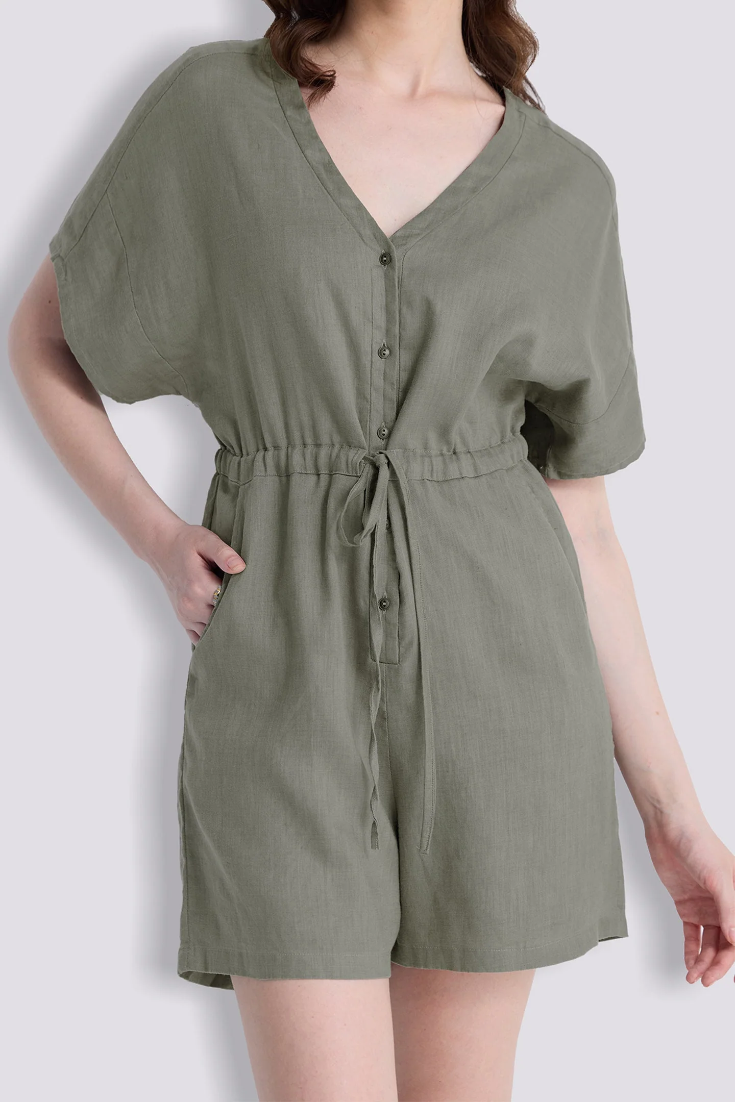 V neck Drawstring Romper in Dark Green - Image 4
