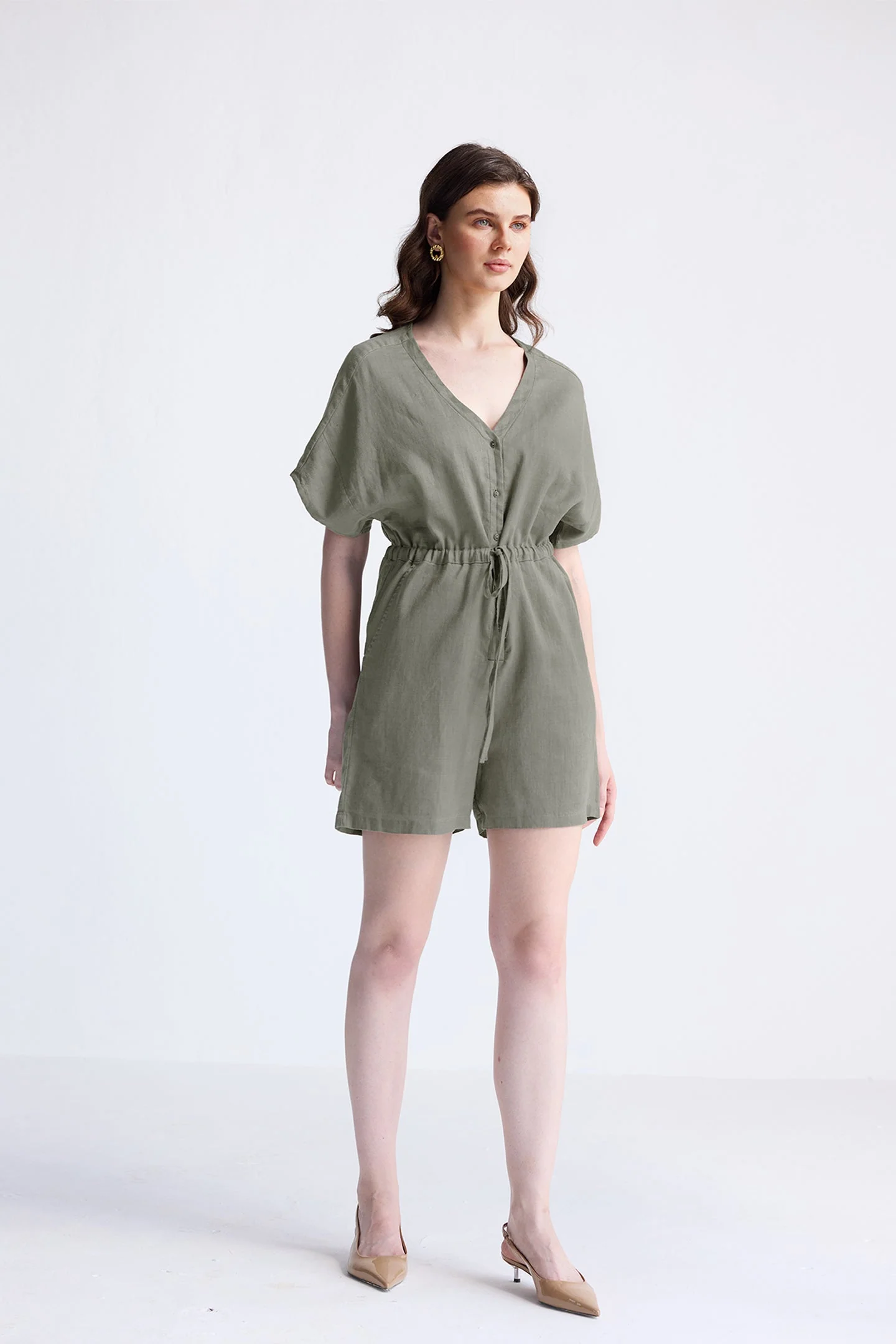 V neck Drawstring Romper in Dark Green - Image 5