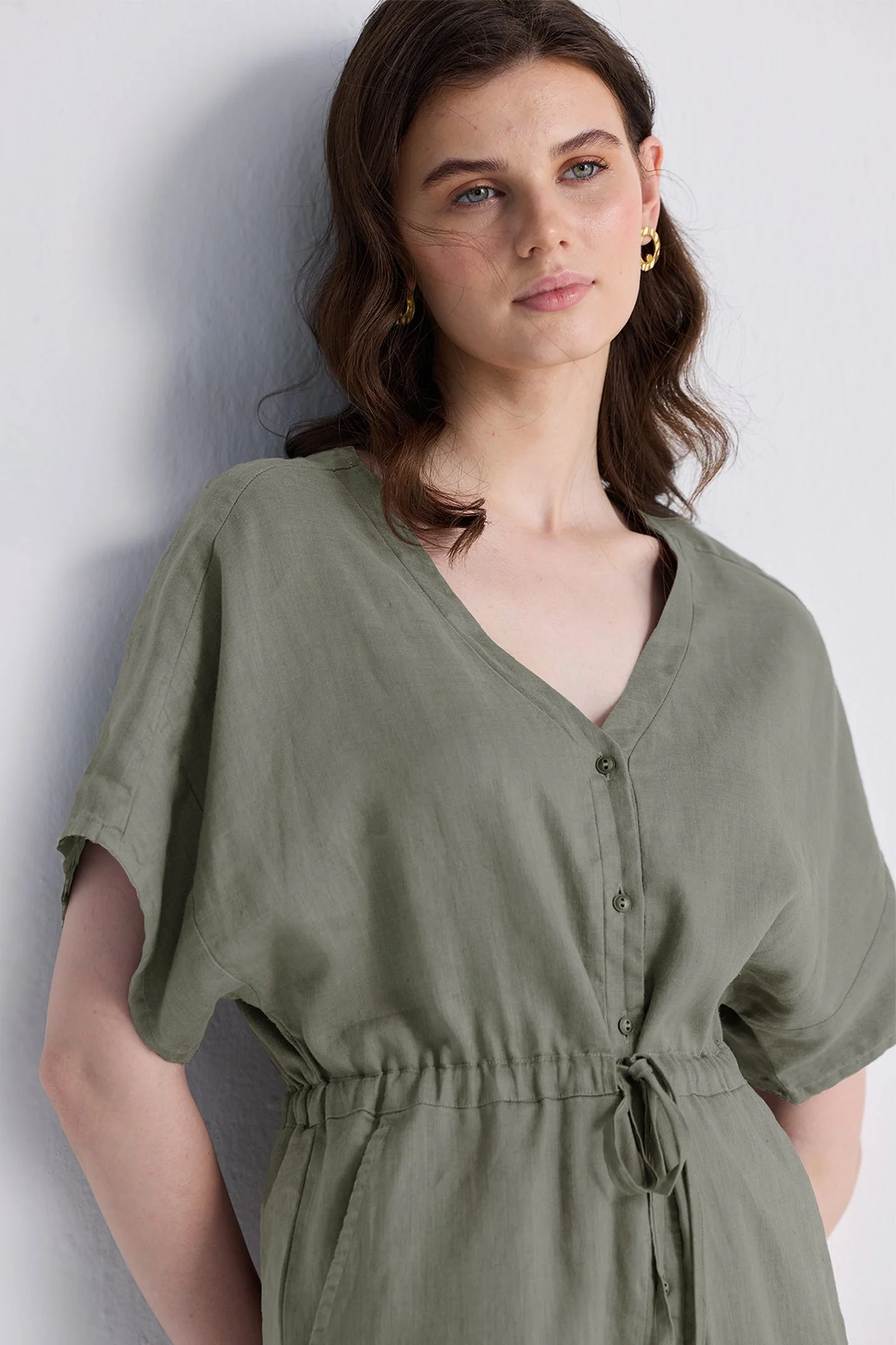 V neck Drawstring Romper in Dark Green - Image 6