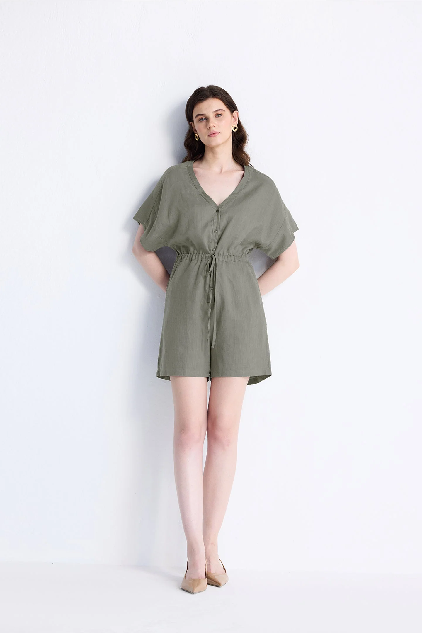 V neck Drawstring Romper in Dark Green - Image 7