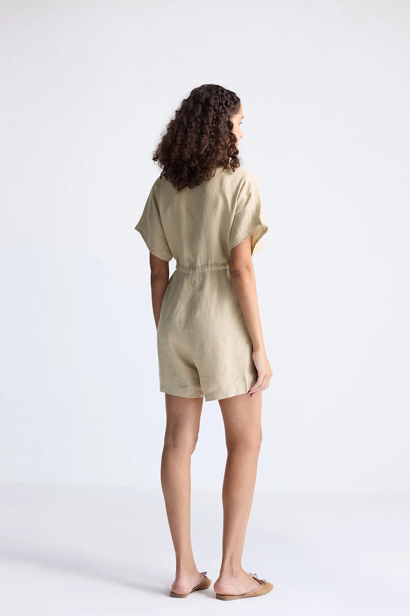 V neck Drawstring Romper in Neutral Beige - Image 2