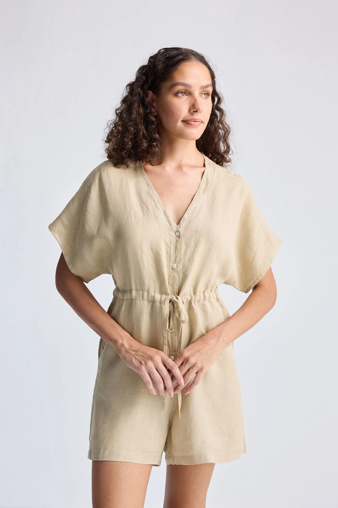 V neck Drawstring Romper in Neutral Beige - Image 5