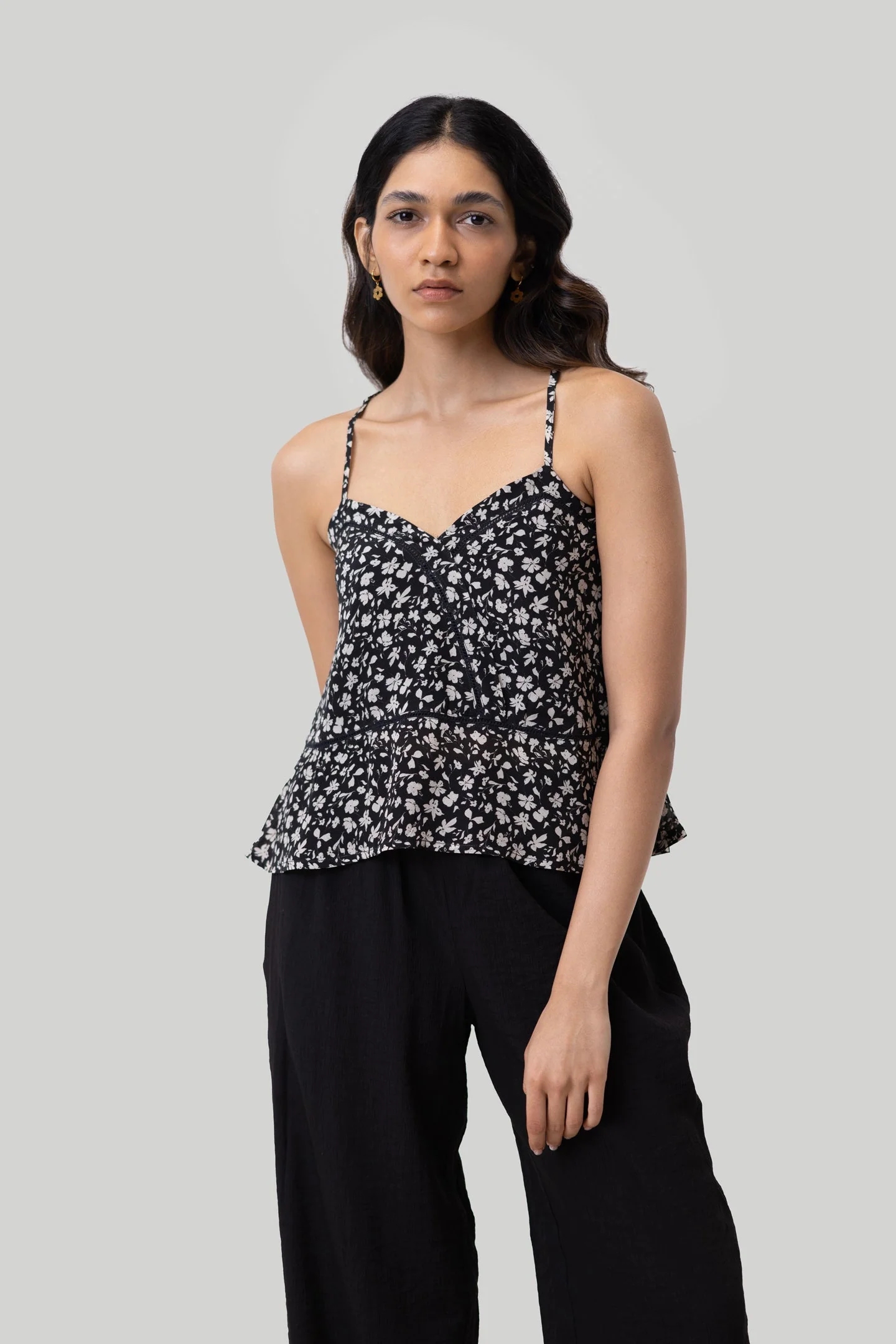 V-neck Lace Camisole in Black Florals - Image 3