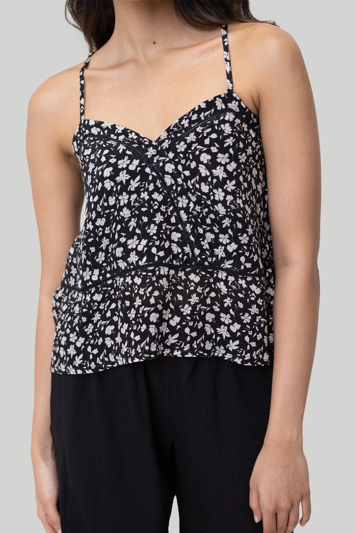 V-neck Lace Camisole in Black Florals - Image 5