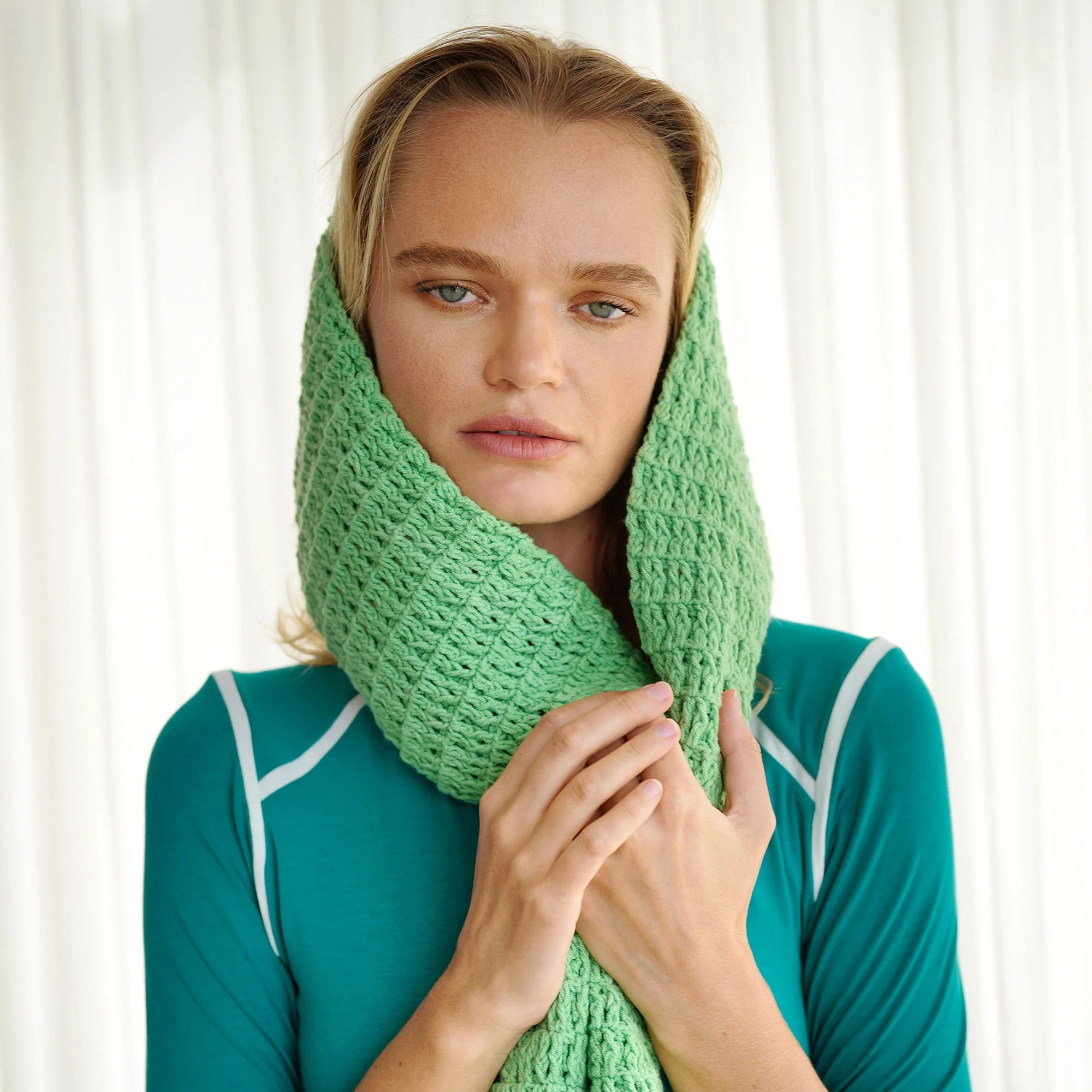 WAFFLE Crochet Scarf in Sage Green - Image 2